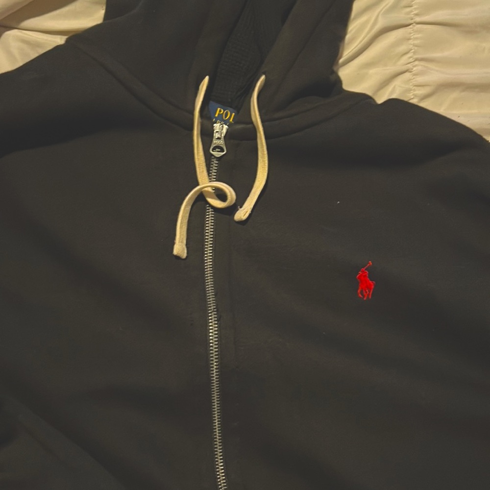 Black polo zip up hooded sweatshirt